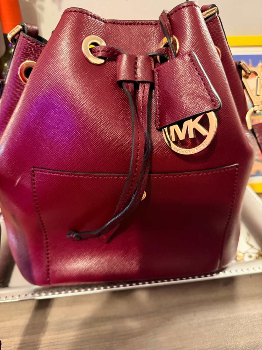 Michael Kors Wine Saffiano Leather Drawstring Crossbody